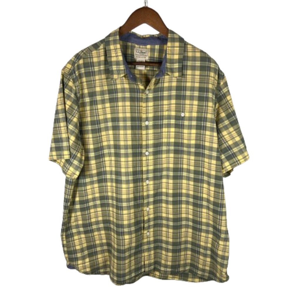 LL Bean Mens Slightly Fitted Plaid Short Sleeve Button Up Shirt XL Blue Yellow